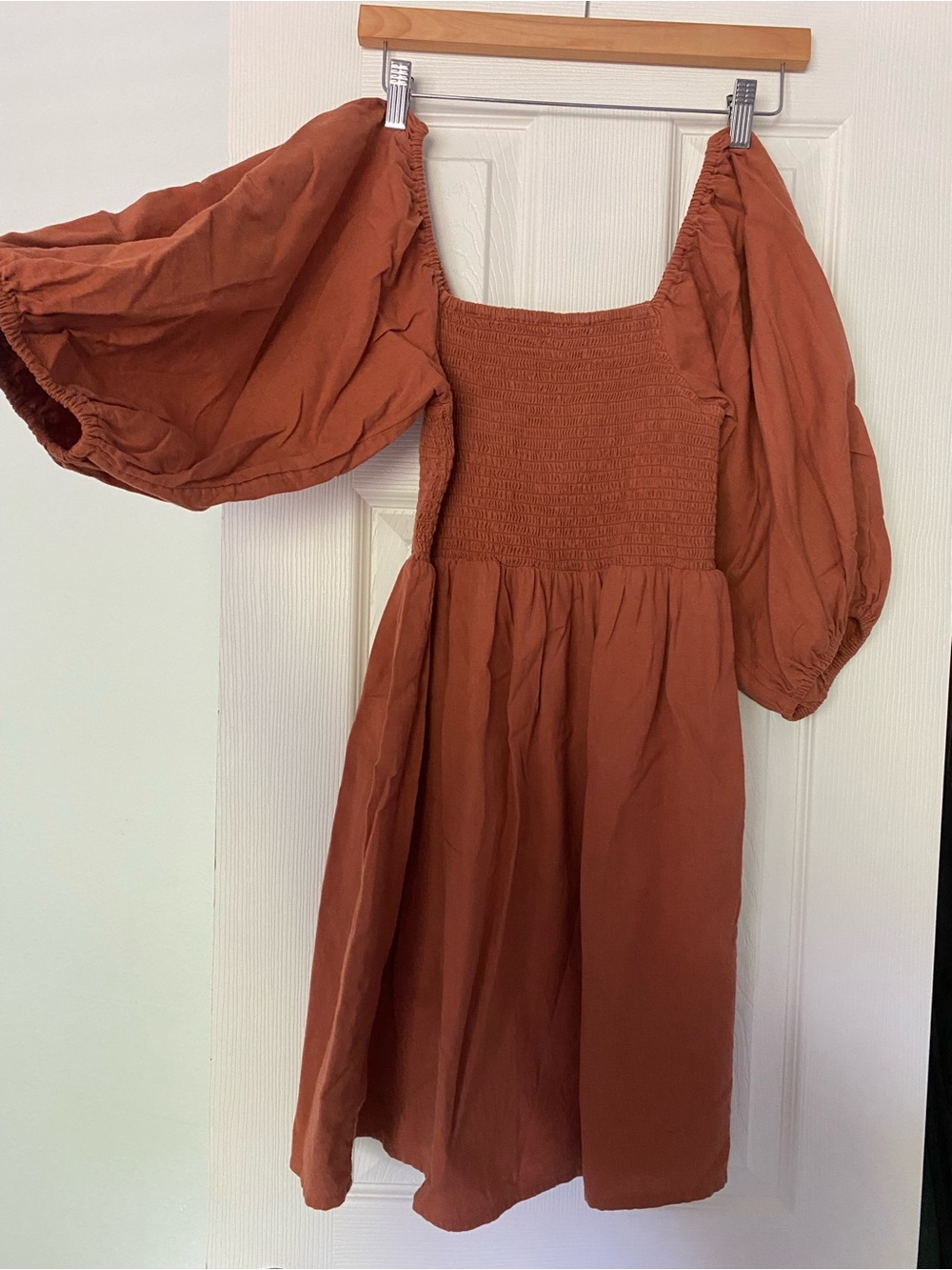 Billabong Smocked Rust Dress with Puff Sleeves